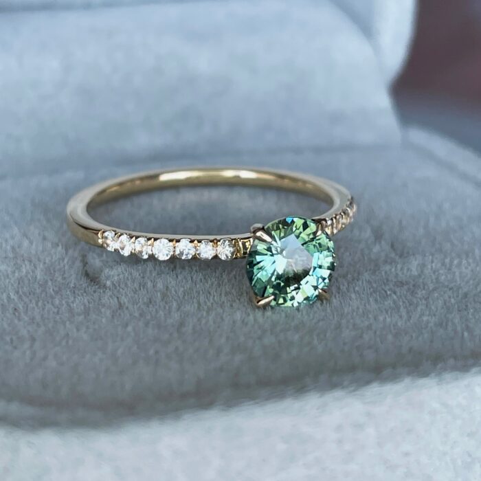 Round Cut Teal Sapphire Engagement Ring, Yellow Gold Peacock Sapphire hidden halo Ring, Teal Sapphire Wedding Ring - NASHGEMS
