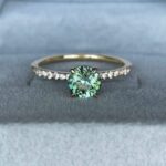Round Cut Teal Sapphire Engagement Ring, Yellow Gold Peacock Sapphire hidden halo Ring, Teal Sapphire Wedding Ring