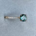 Round Cut Teal Sapphire Engagement Ring, Yellow Gold Peacock Sapphire hidden halo Ring, Teal Sapphire Wedding Ring - NASHGEMS