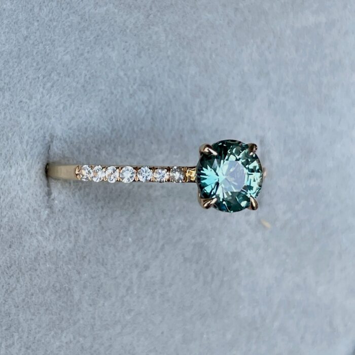 Round Cut Teal Sapphire Engagement Ring, Yellow Gold Peacock Sapphire hidden halo Ring, Teal Sapphire Wedding Ring - NASHGEMS